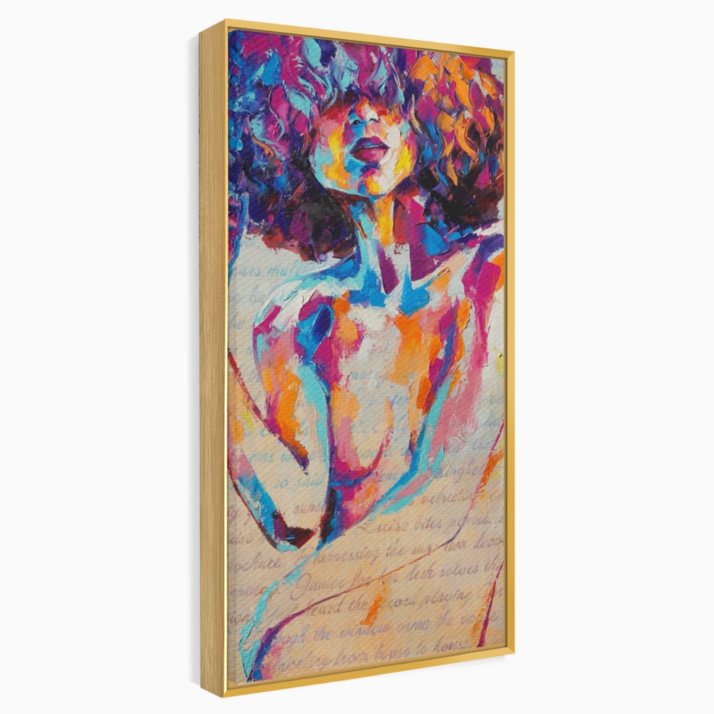 Tablou canvas cu tablou canvas cu portret abstract de femeie, in rama de aluminiu auriu